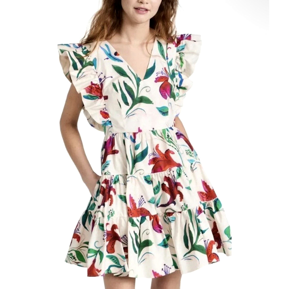 La DOUBLEJ Honeybun Women's Size Large Floral Cotton Tiered Mini Dress Italy NEW - Picture 2 of 16